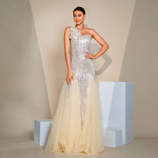 One-shoulder Diagonal Collar Slim-fit Sheath Sequined Slit Evening Dress GlamzKart