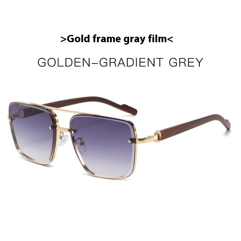 Metal Double Beam Frame Wood Grain Leg Sunglasses Gold Frame Gradient Gray GlamzKart