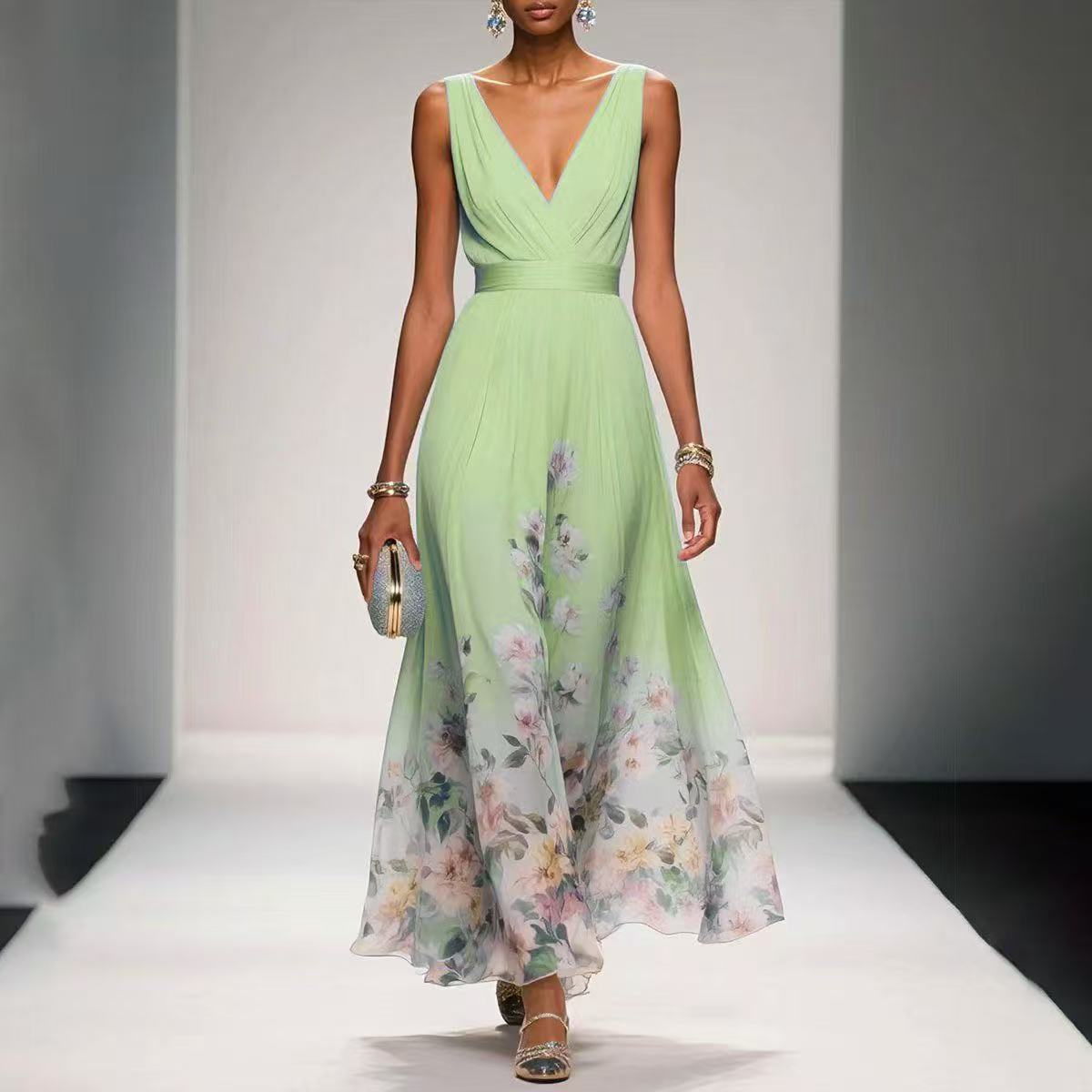 Evening Gown Elegant V-neck Cross-border Dress Green single GlamzKart