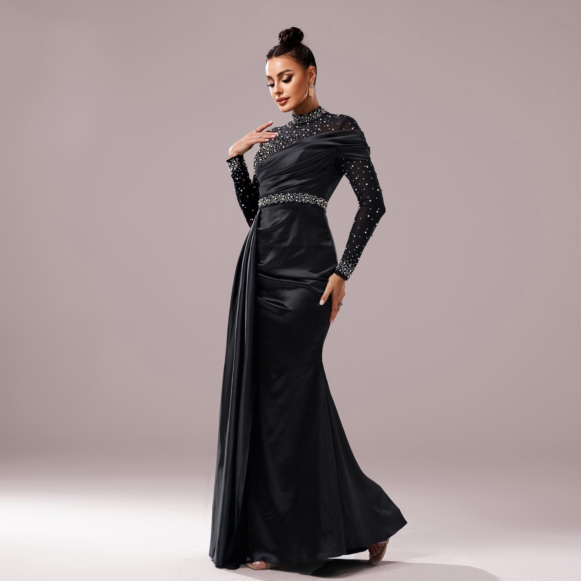 Long Sleeve Slim-fit Sheath Pearl Banquet Fishtail Evening Dress Black GlamzKart