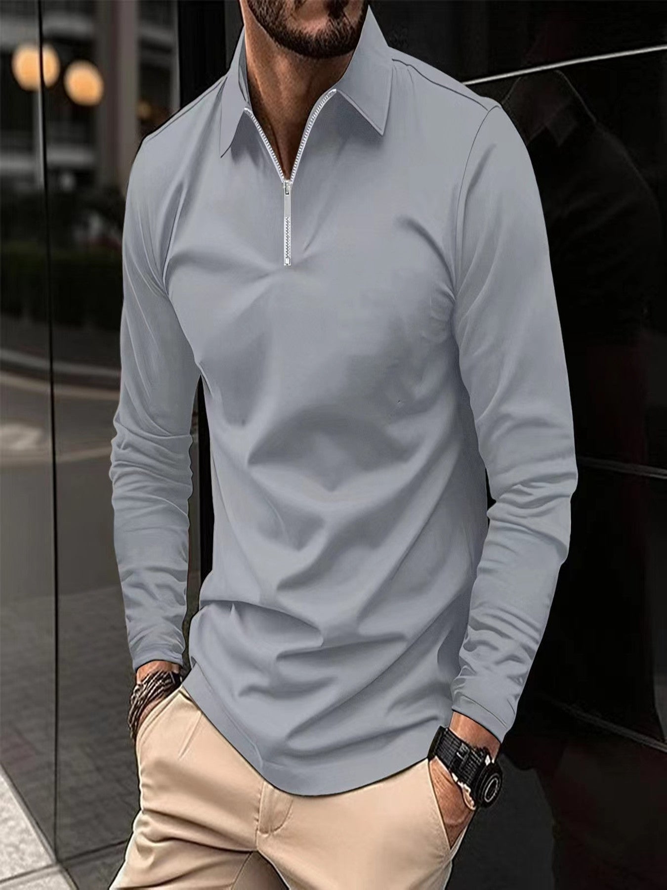 Zipper Men's Solid Color Long Sleeve Sports Polo Shirt Gray GlamzKart