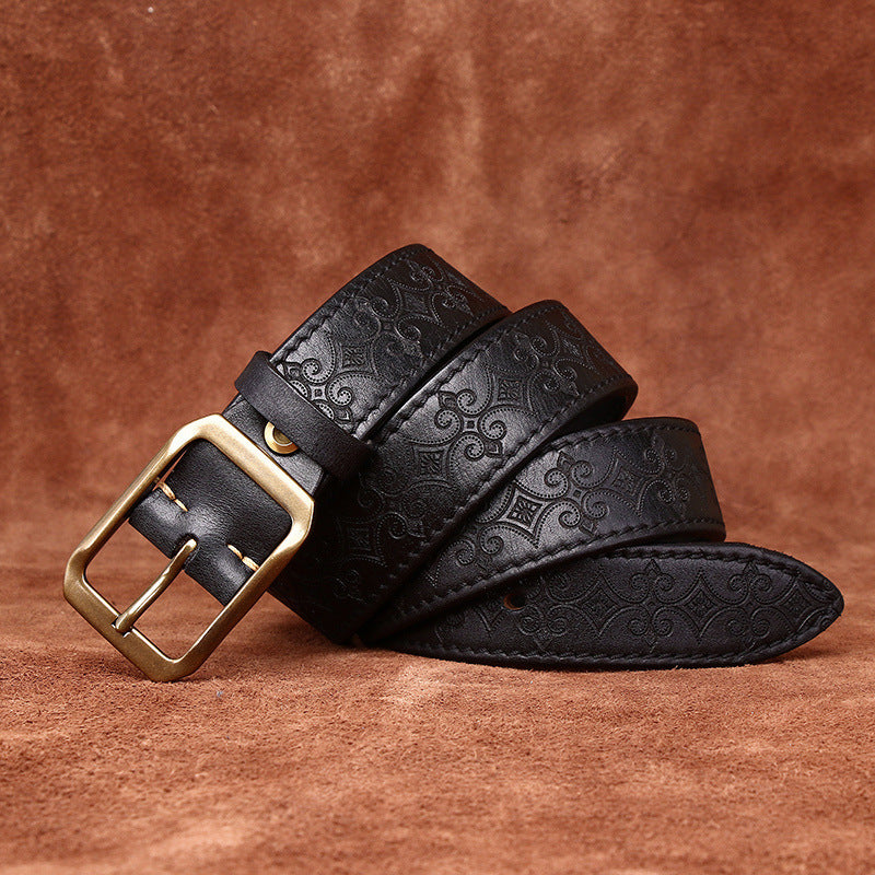Thick First Layer Cowhide Double-sided Available Carved Genuine Leather Belt Black GlamzKart