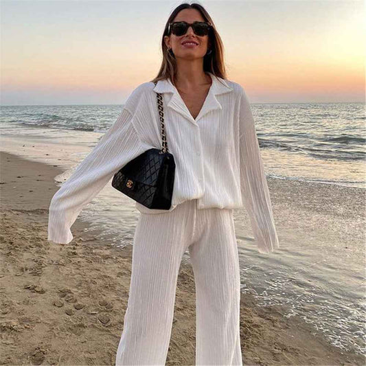 Shirt Straight-leg Trousers Two-piece Set For Women