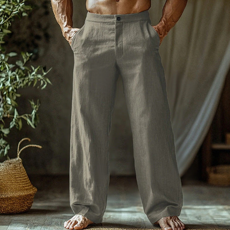 Men's Linen Button Slant Pocket Breathable Trousers Dark Gray GlamzKart