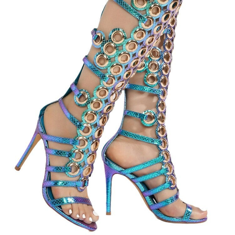 European And American Metal Large Fish-eye Hollow Stiletto Heel Open Toe Sandals GlamzKart
