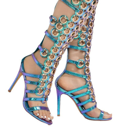 European And American Metal Large Fish-eye Hollow Stiletto Heel Open Toe Sandals GlamzKart