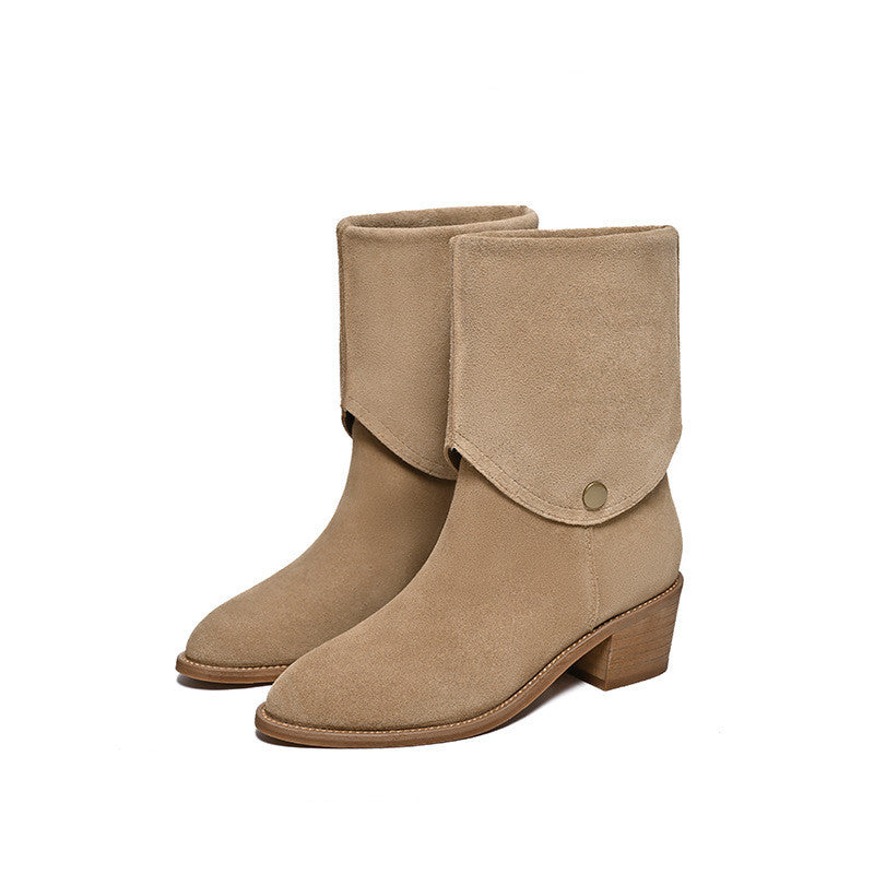 Matte Cowhide Western Denim Pointed-toe Short Tube Boots Fashion Boots Pile Style Boots All-matching Light Khaki GlamzKart