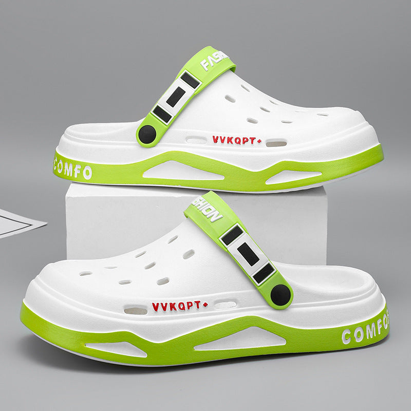 Sandals Summer Breathable Closed Toe Men's Slippers Dual-use Beach Shoes White And Green GlamzKart