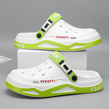 Sandals Summer Breathable Closed Toe Men's Slippers Dual-use Beach Shoes White And Green GlamzKart