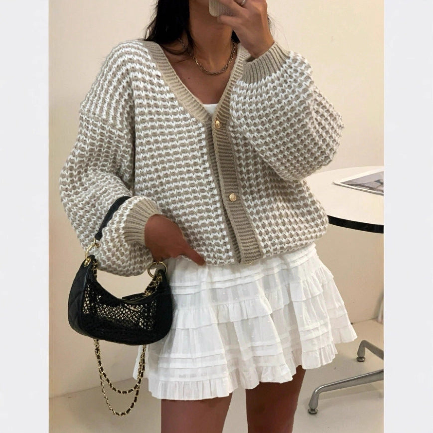Snow Pattern Single-breasted Loose Sweet Cardigan Khaki GlamzKart