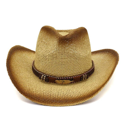 Western Spray Paint Straw Cowboy Hat Beach Hat Khaki Free Size GlamzKart