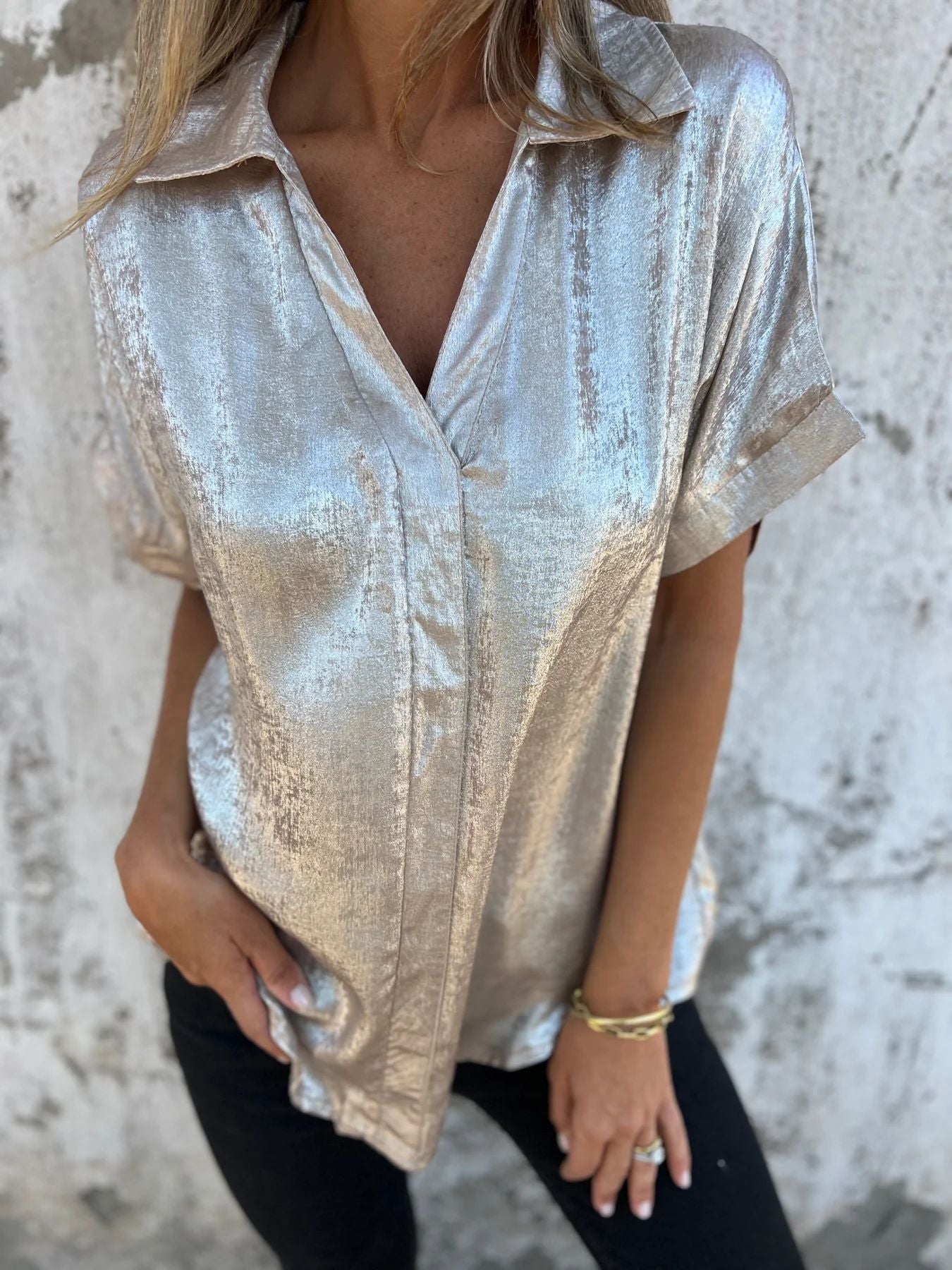 Women's Solid Color Casual Loose Bronzing Short-sleeved Lapel Shirt Gold GlamzKart