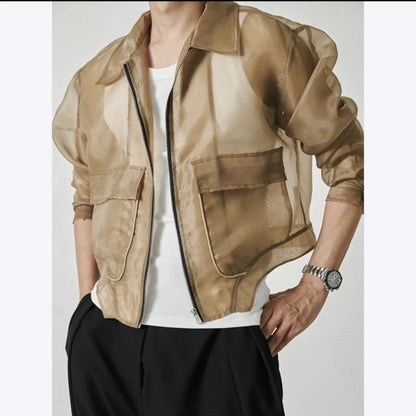 Lapel Mesh Hooded Long-sleeved Jacket GlamzKart