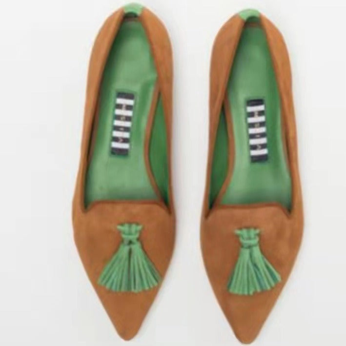 Women's Low-cut Pointed-toe Colorblock Tassel Flat Shoes GlamzKart