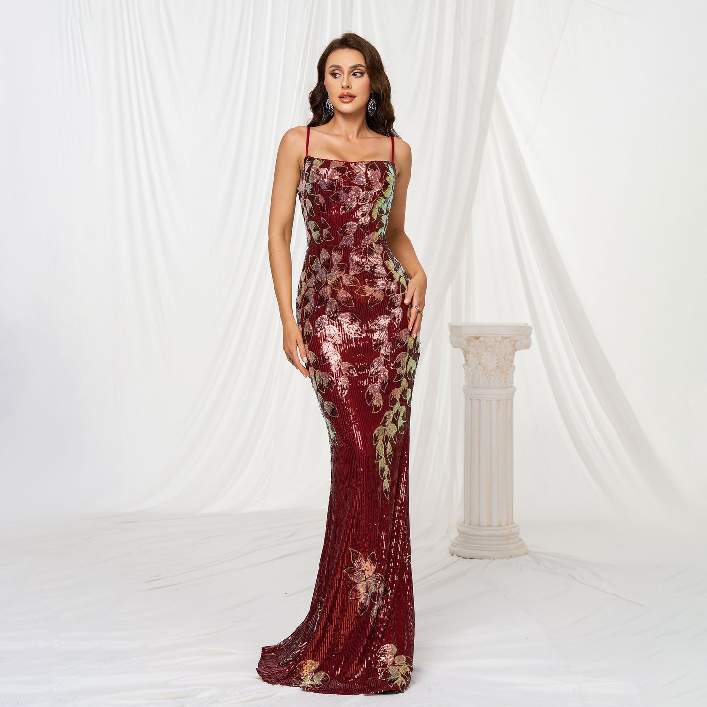 Sling Off-neck Sheath Sequined Banquet Fishtail Evening Dress Red GlamzKart