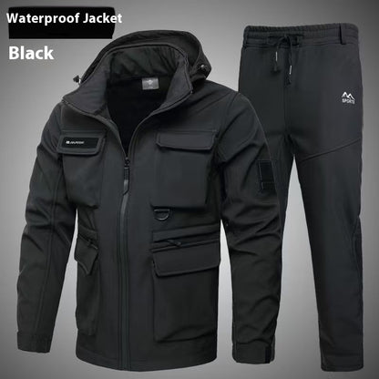 Autumn And Winter Fleece-lined Waterproof Jacket Suit 622 Sets Black GlamzKart