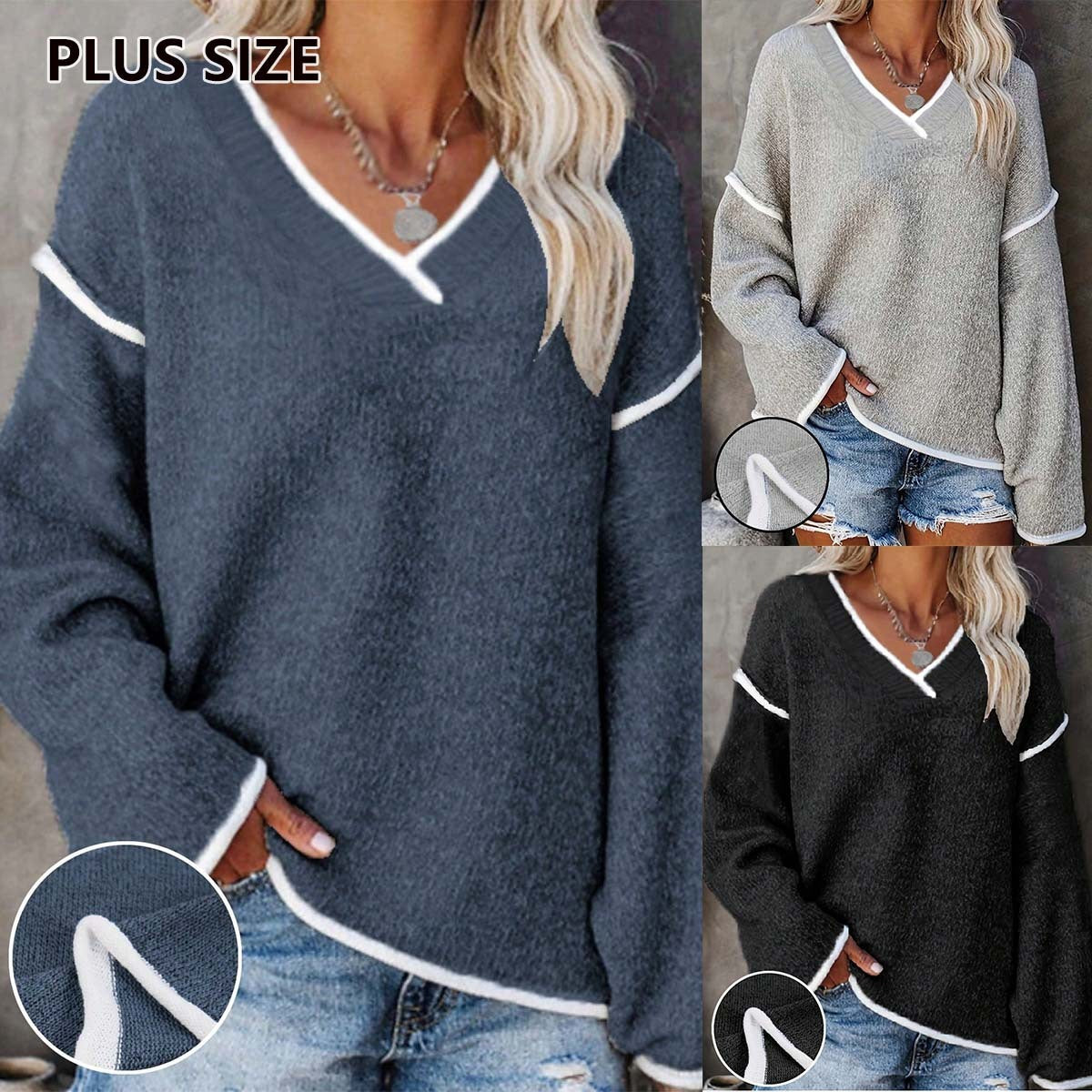 V-neck Color-contrasting Stripe Loose Casual Plus Size Women's Knitted Blouse GlamzKart