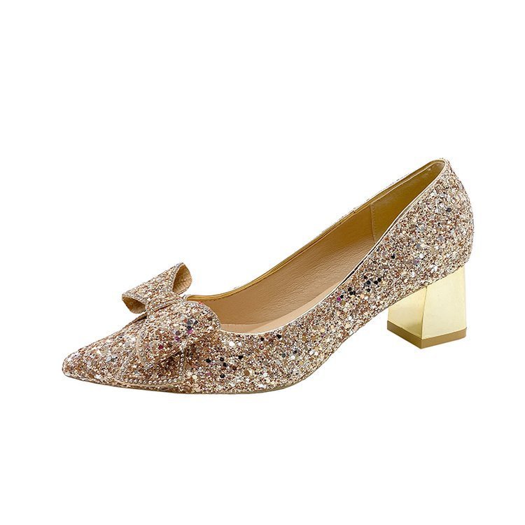 Crystal Sequins Wedding Xiuhe Chunky Heel Pointed-toe Shoes Gold 4.5cm GlamzKart