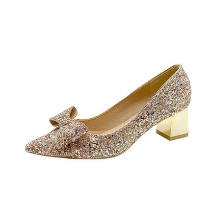 Crystal Sequins Wedding Xiuhe Chunky Heel Pointed-toe Shoes Gold 4.5cm GlamzKart
