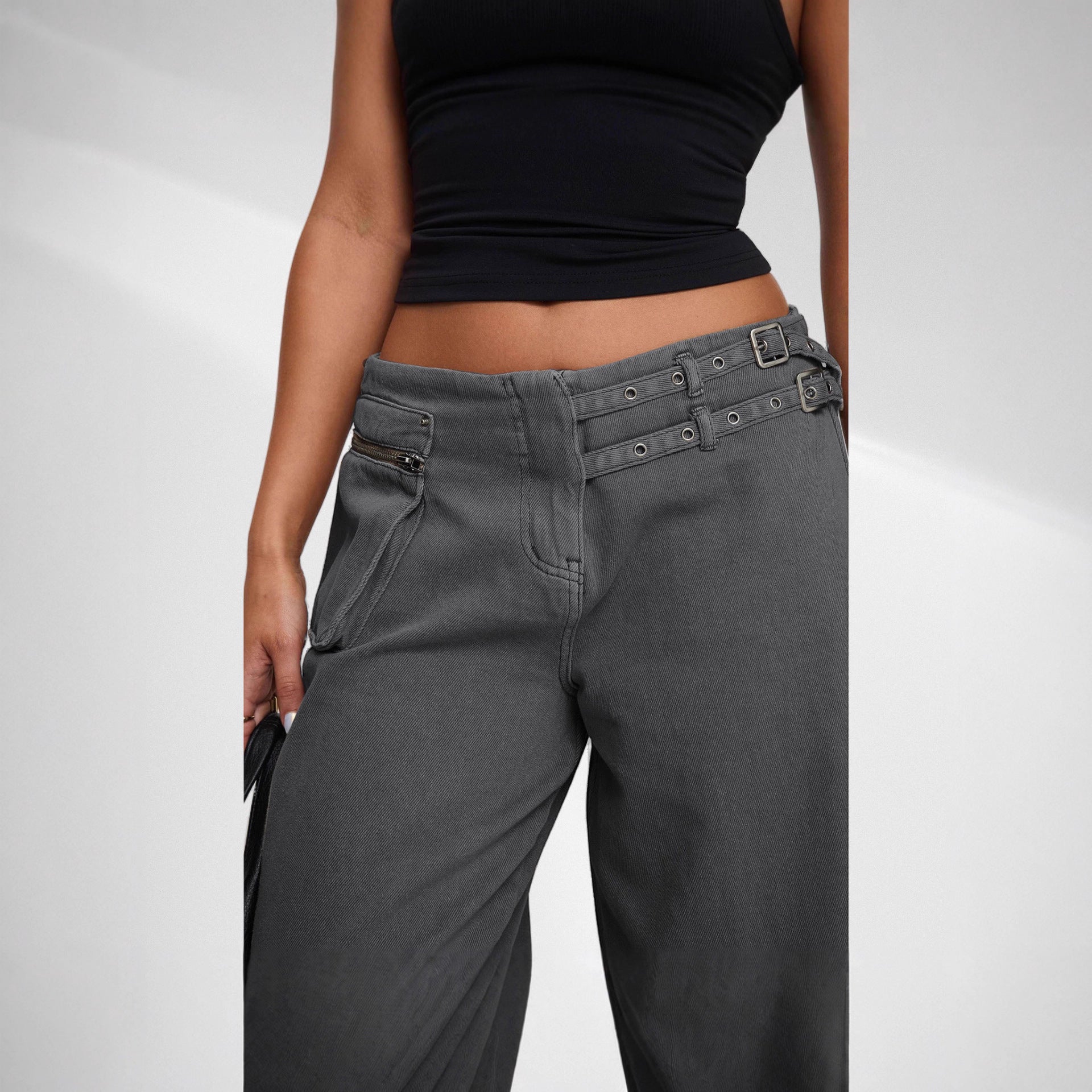 European And American Dark Wide-leg Jeans Personalized Belt Buckle Asymmetric Pocket Drag Sister Out Of The Street GlamzKart