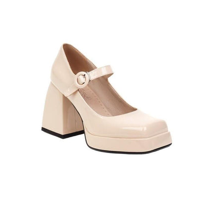 Japanese All-match Lolita Retro Patent Leather Thick High Heels Women Beige GlamzKart