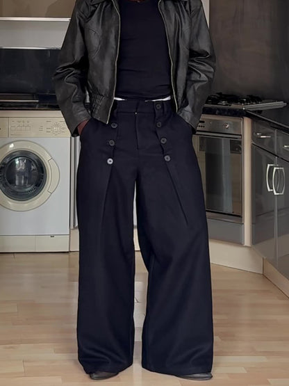 Black High-waisted Double-button Wide-Leg Pants GlamzKart
