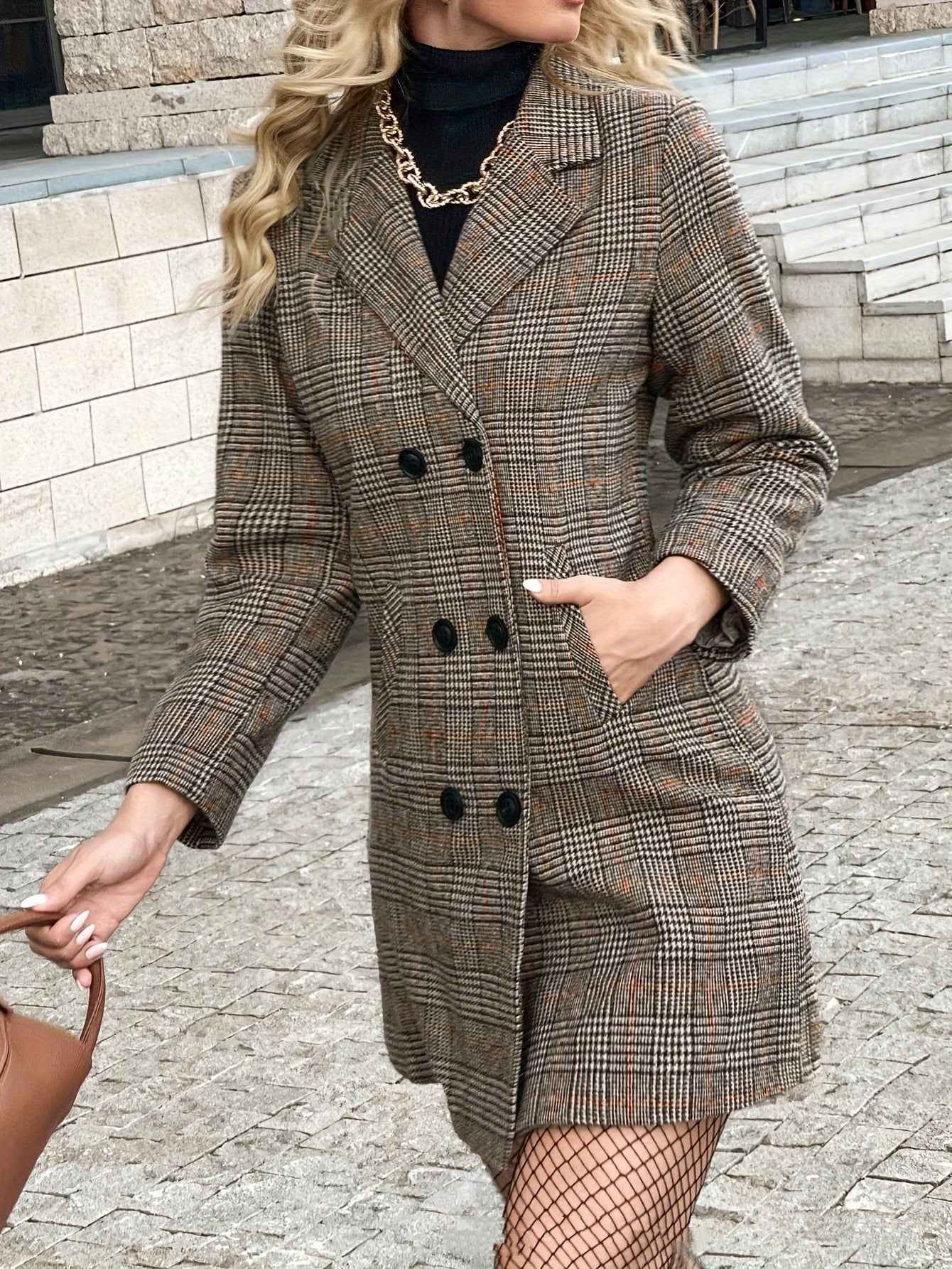 Fashion Women's Plaid Suit Collar Double Breasted Jacket