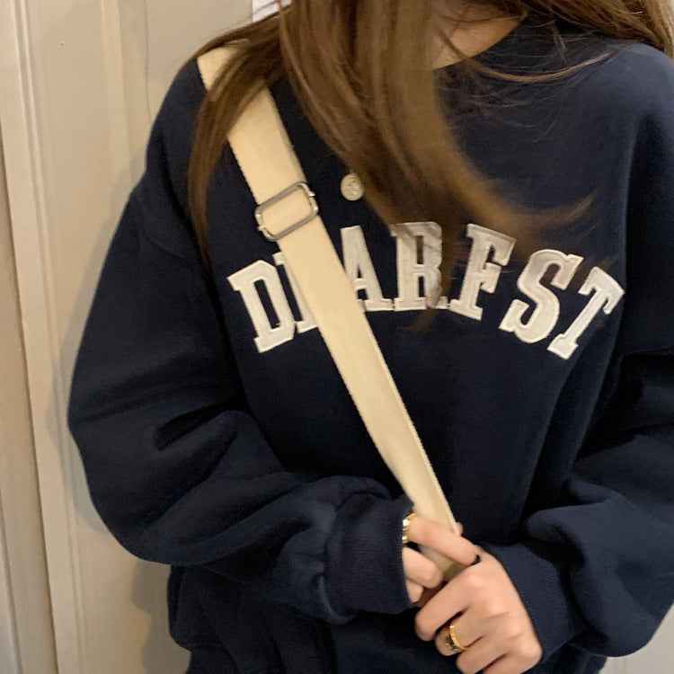 Embroidered Letter Loose Round Neck Long Sleeve Top