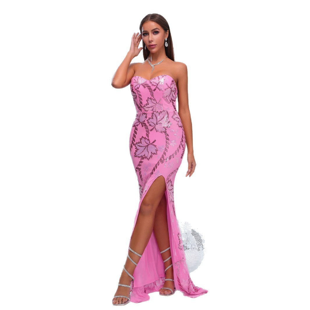 Wrapped Chest Off-neck Sheath Sequined Banquet Fishtail Evening Dress GlamzKart