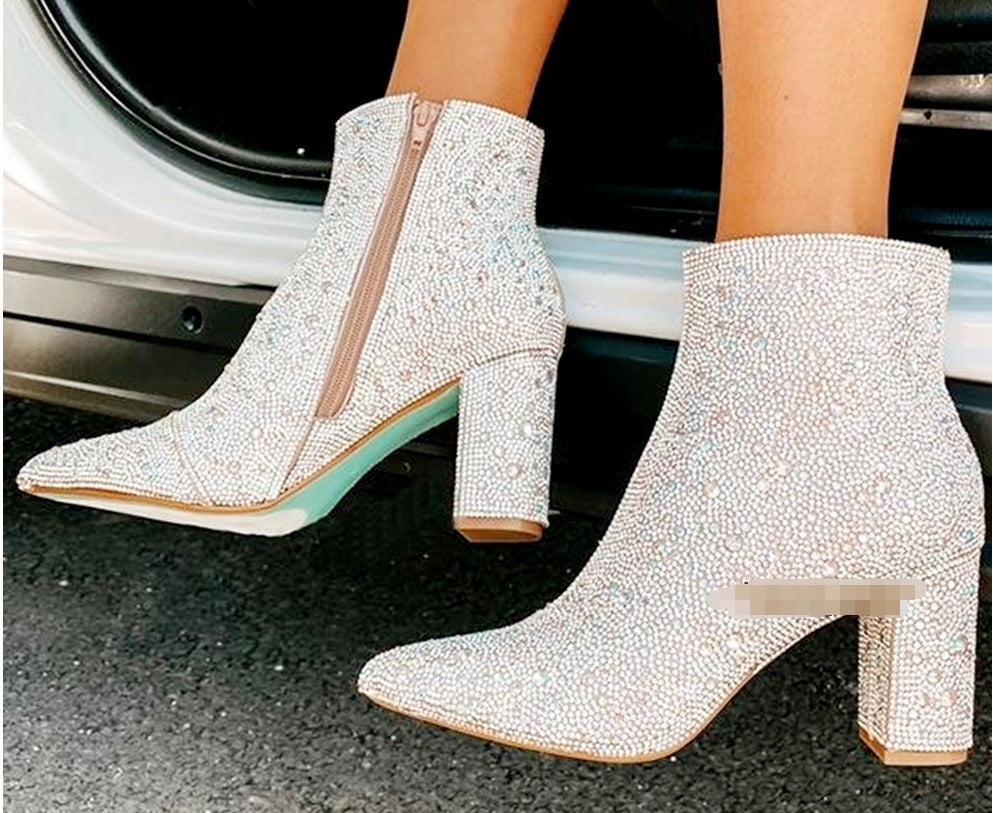 Rhinestone Pointed Toe Fashion Ankle Boots Beige GlamzKart