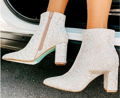 Rhinestone Pointed Toe Fashion Ankle Boots Beige GlamzKart