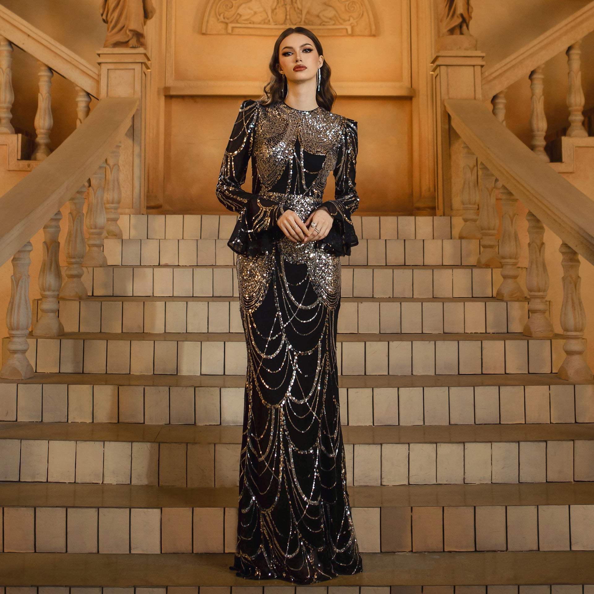 Long Sleeve Round Neck Slim-fit Sheath Sequined Banquet Fishtail Evening Dress GlamzKart