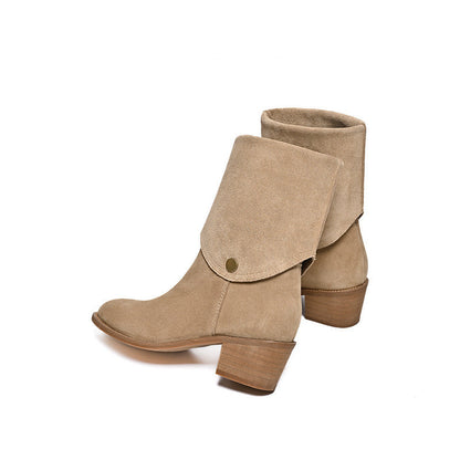 Matte Cowhide Western Denim Pointed-toe Short Tube Boots Fashion Boots Pile Style Boots All-matching GlamzKart