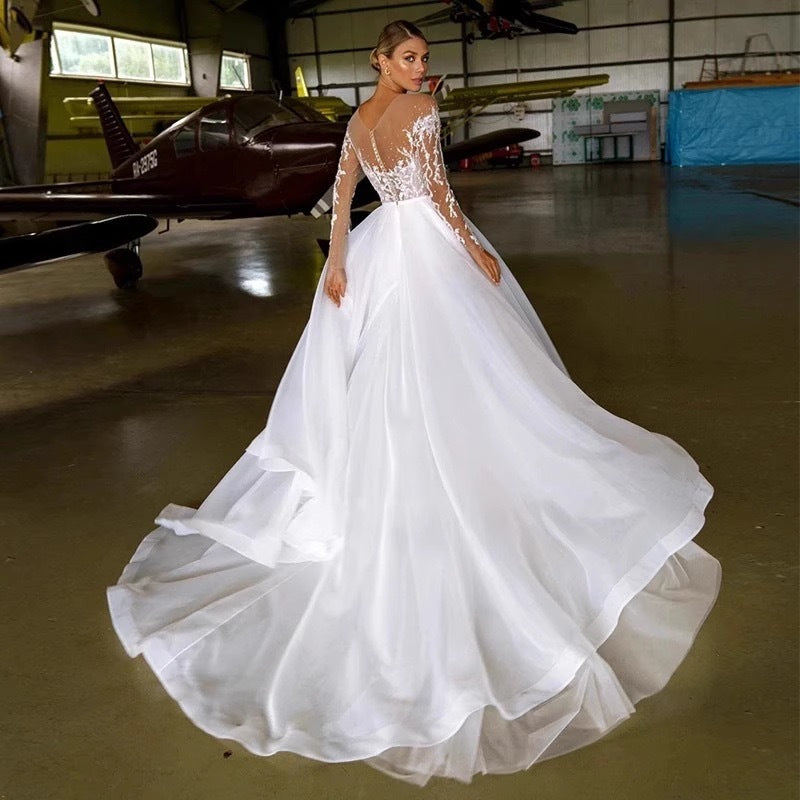 Embroidered Long Sleeve Off-the-shoulder Wedding Dress GlamzKart