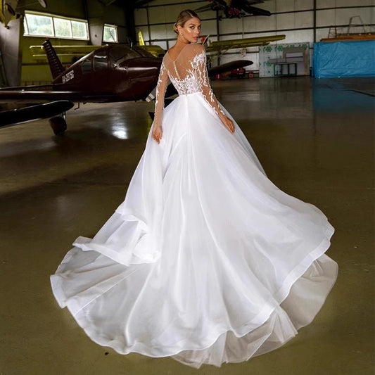 Embroidered Long Sleeve Off-the-shoulder Wedding Dress GlamzKart