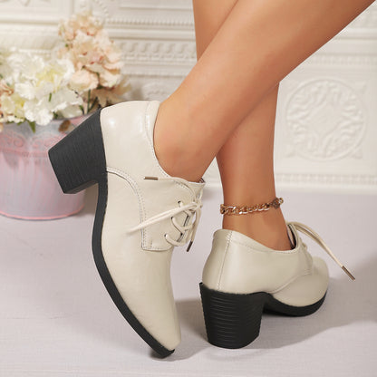 Pointed British Style High Heel Chunky Heel Front Lace-up Low-top Leather Shoes GlamzKart