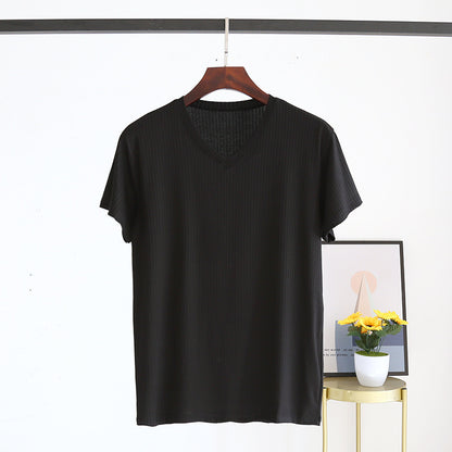 Men's Summer Jacquard Modal Outerwear T-shirt Pajamas Solid Color Sweat-absorbent Cool Breathable Fabric V neck Black GlamzKart