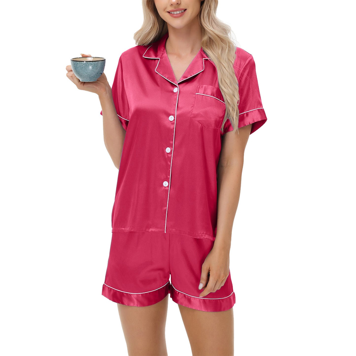 Ice Silk Women's Short Sleeve Satin Plus Size Pajamas Rose Red GlamzKart
