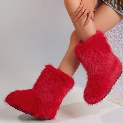 Snow Boots Middle Boots Furry Boots Red GlamzKart