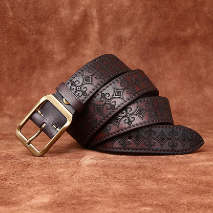 Thick First Layer Cowhide Double-sided Available Carved Genuine Leather Belt Coffee GlamzKart