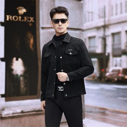 Suede Leather Jacket Men's Slim-fit High-grade Pu Handsome Retro Biker's Black Suede GlamzKart