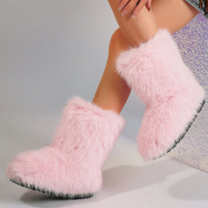 Snow Boots Middle Boots Furry Boots Pink GlamzKart
