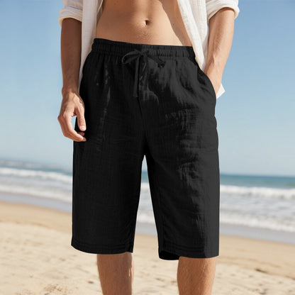 New Linen Drawstring Elastic Waist 34 Casual Shorts Men Black GlamzKart