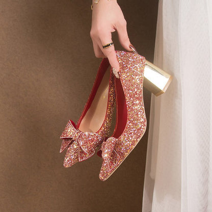 Crystal Sequins Wedding Xiuhe Chunky Heel Pointed-toe Shoes GlamzKart