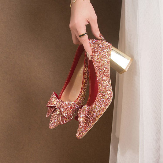 Crystal Sequins Wedding Xiuhe Chunky Heel Pointed-toe Shoes GlamzKart