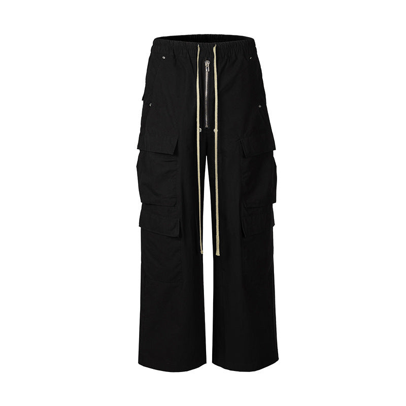 Side Pocket Loose Mop Tooling Flared Casual Pants Black GlamzKart