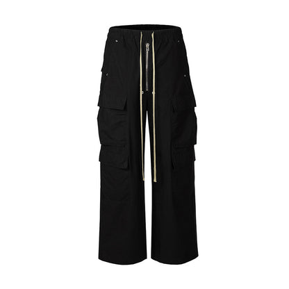 Side Pocket Loose Mop Tooling Flared Casual Pants Black GlamzKart