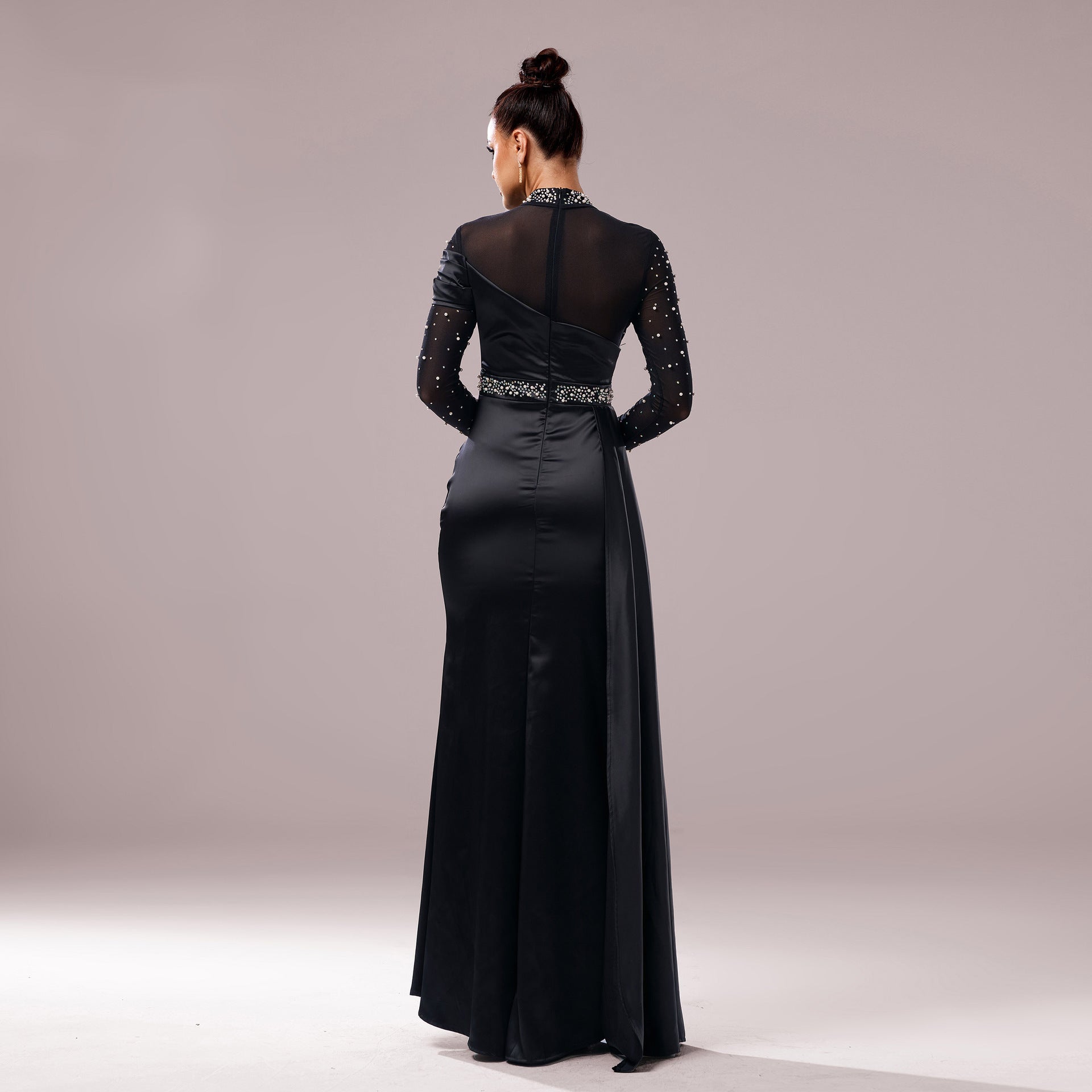 Long Sleeve Slim-fit Sheath Pearl Banquet Fishtail Evening Dress GlamzKart