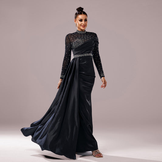Long Sleeve Slim-fit Sheath Pearl Banquet Fishtail Evening Dress GlamzKart