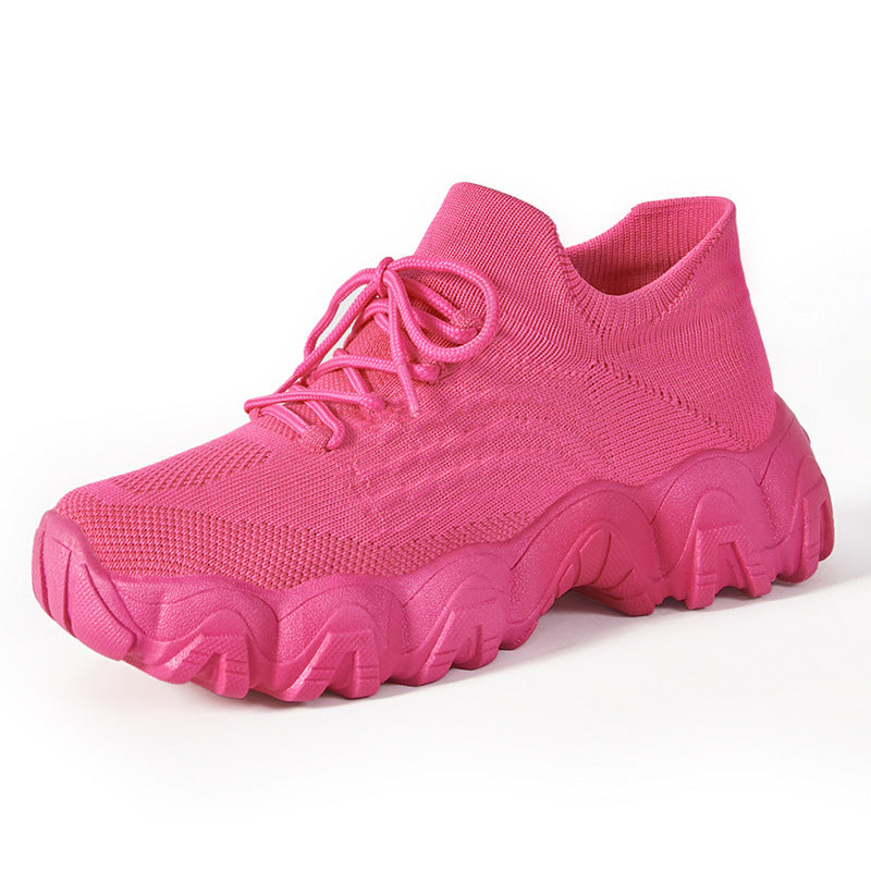 Lace-up Fly-knit Socks Shoes Fashion Trendy Sneakers Rose Red GlamzKart